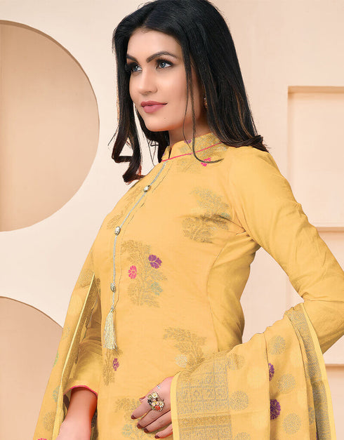 Yellow Banarasi Jacquard Chudidar Salwar Suit Closure View