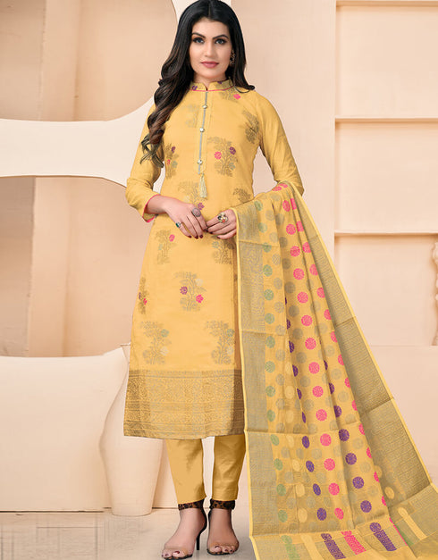 Yellow Banarasi Jacquard Chudidar Salwar Suit