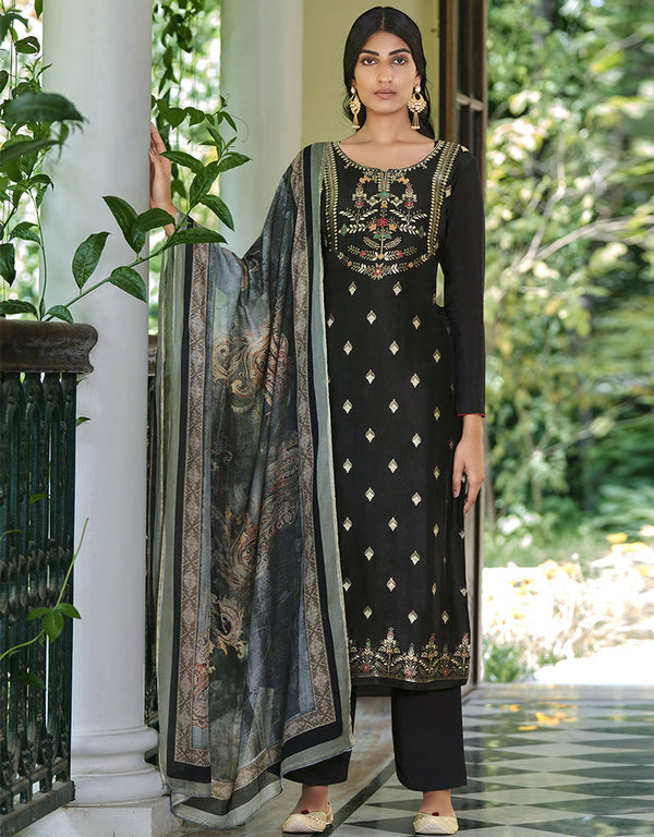 Black Pure Viscose Russian Silk Jacquard Pant Suit
