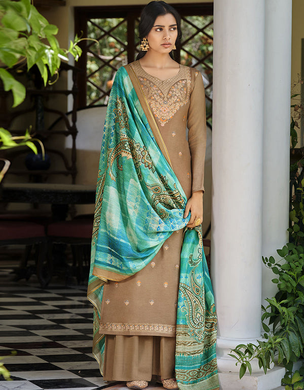 Brown Pure Viscose Russian Silk Jacquard Palazzo Suit