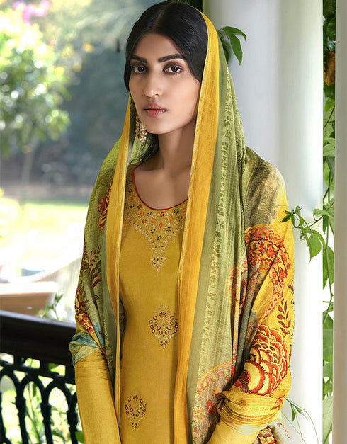 Yellow Pure Viscose Russian Silk Jacquard Pant Suit Closure View