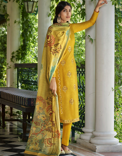 Yellow Pure Viscose Russian Silk Jacquard Pant Suit