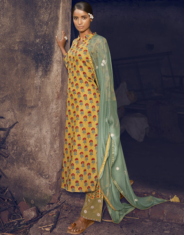 Mustard Pure Airjet Jaam Satin Unique Print Palazzo Salwar Suits