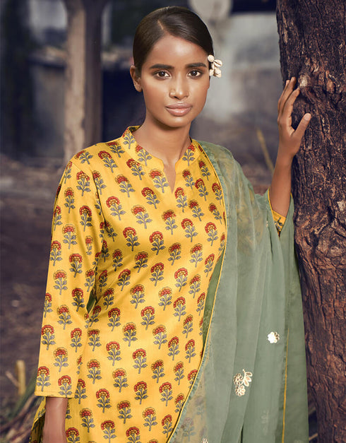 Mustard Pure Airjet Jaam Satin Unique Print Palazzo Salwar Suits Closure View