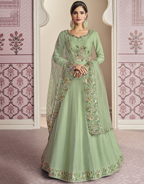 Pista Russian Silk Embroidery Work Anarkali Anarkali