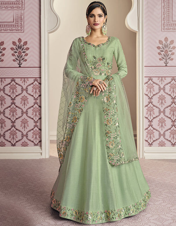 Pista Russian Silk Embroidery Work Anarkali Anarkali