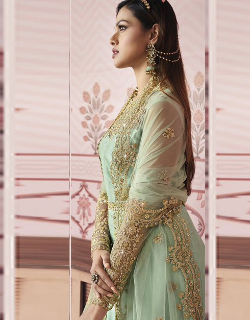 Light Green Russian Silk Embroidery Work Anarkali Anarkali Back View