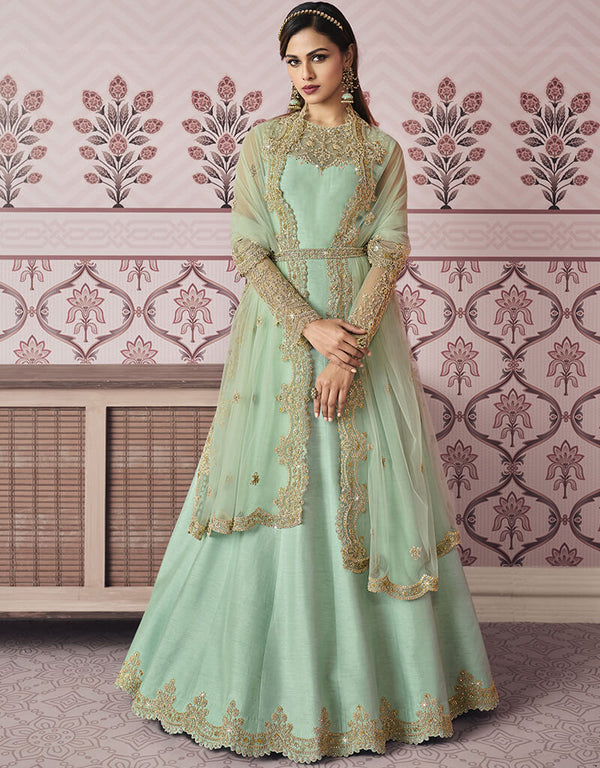 Light Green Russian Silk Embroidery Work Anarkali Anarkali
