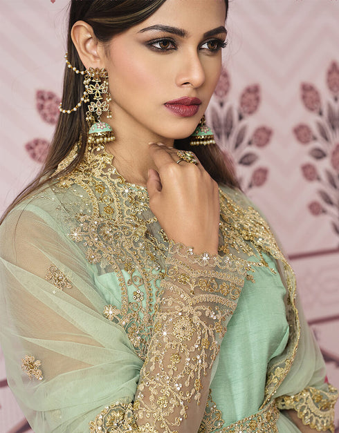 Light Green Russian Silk Embroidery Work Anarkali Anarkali Closure View