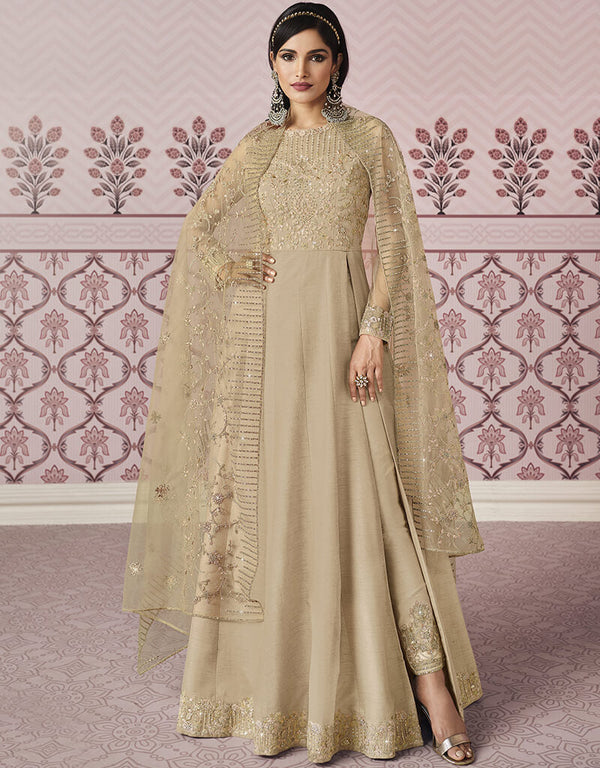 Beige Russian Silk Embroidery Work Anarkali Anarkali