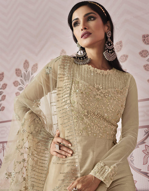 Beige Russian Silk Embroidery Work Anarkali Anarkali Closure View