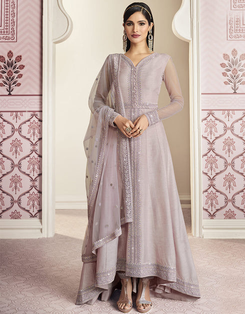 Light Purple Russian Silk Embroidery Work Anarkali Anarkali