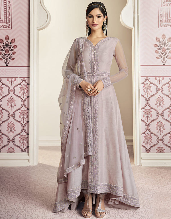 Light Purple Russian Silk Embroidery Work Anarkali Anarkali