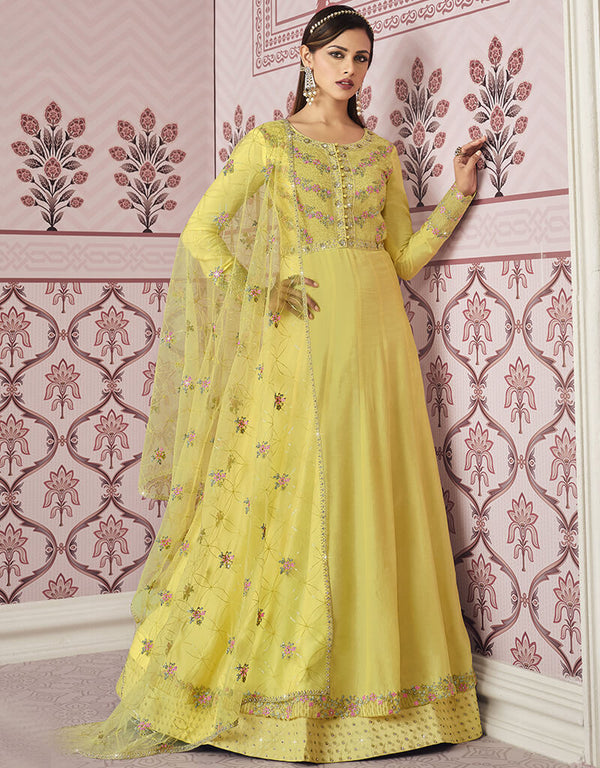 Light Mustard Russian Silk Embroidery Work Anarkali Anarkali