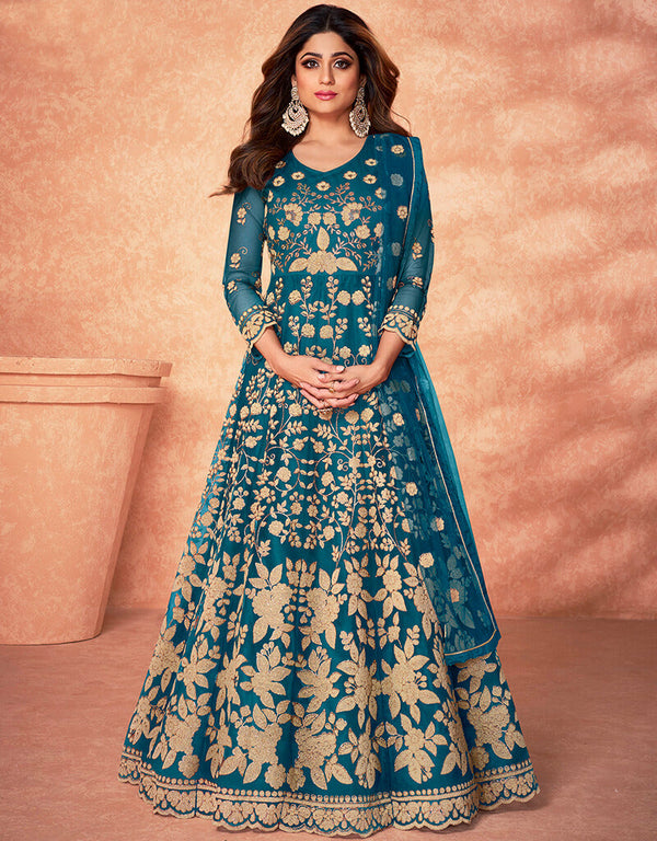 Teal Diamond Net Anarkali Anarkali