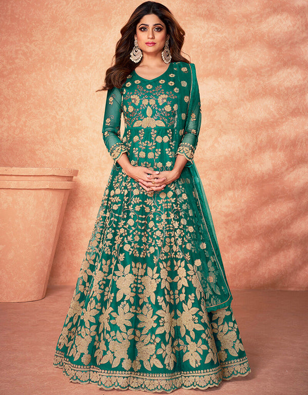 Rama Green Diamond Net Anarkali Anarkali