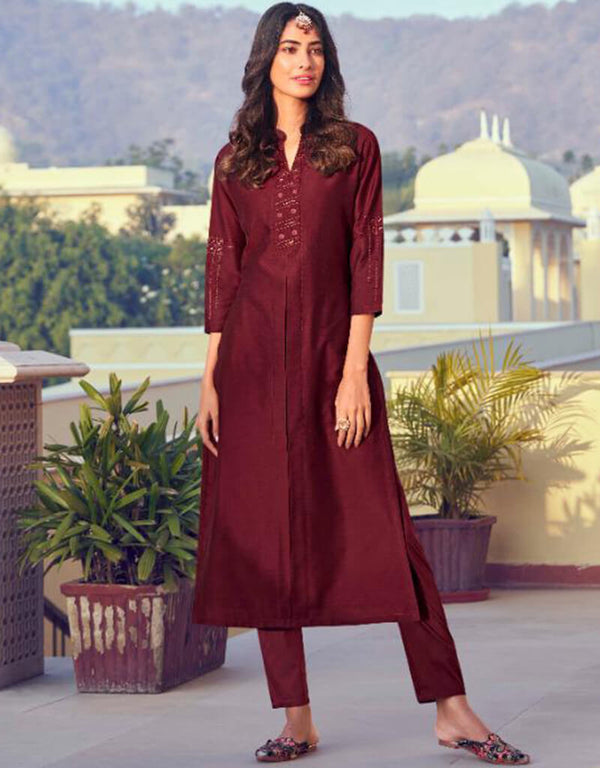 Maroon Roman Silk Pant Suit