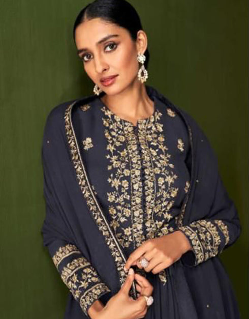 Navy Blue Real Georgette Lehenga Suit Closure View