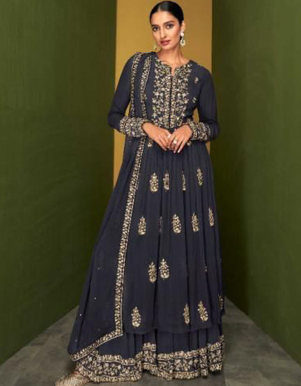 Navy Blue Real Georgette Lehenga Suit