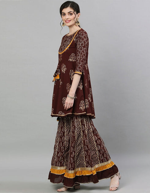 Brown Pure Cotton Sharara Suit Closure View