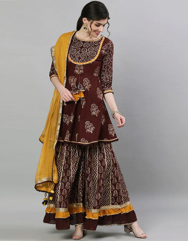 Brown Pure Cotton Sharara Suit
