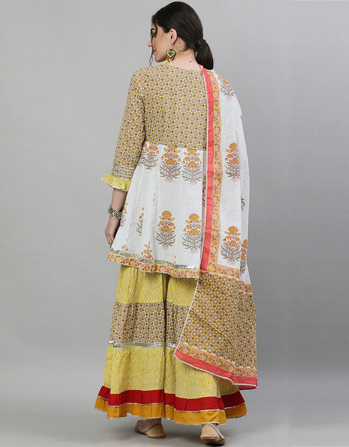 White And Yellow Pure Cotton Sharara Suit Back View