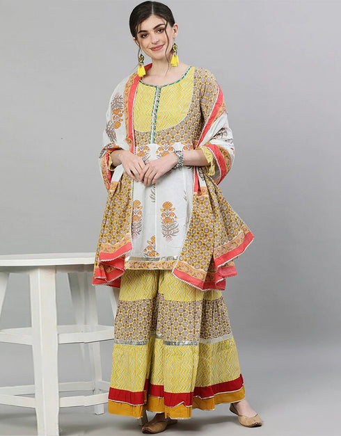 White And Yellow Pure Cotton Sharara Suit