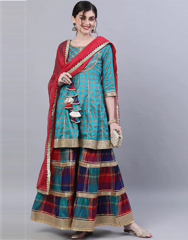 Blue Viscose Rayon Sharara Suit