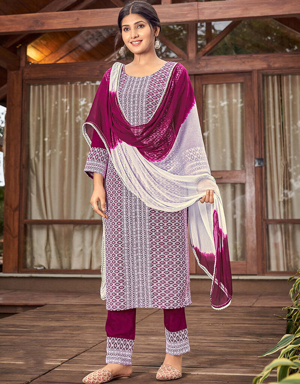 Purple And White Rayon Pant Suit