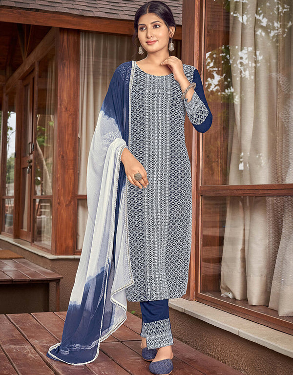 Blue And White Rayon Pant Suit