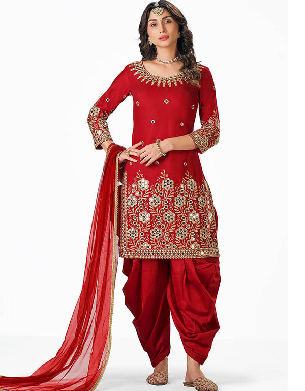 Red Italian Soft Silk Patiyala Suit