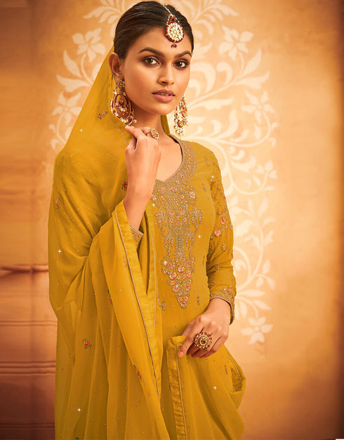 Yellow Georgette Palazzo Salwar Suit Closure View