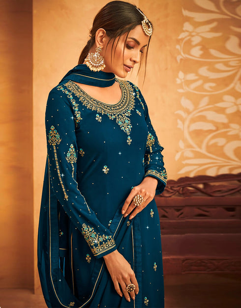 Blue Georgette Palazzo Salwar Suit Closure View
