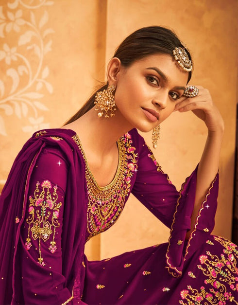 Purple Georgette Palazzo Salwar Suit Closure View