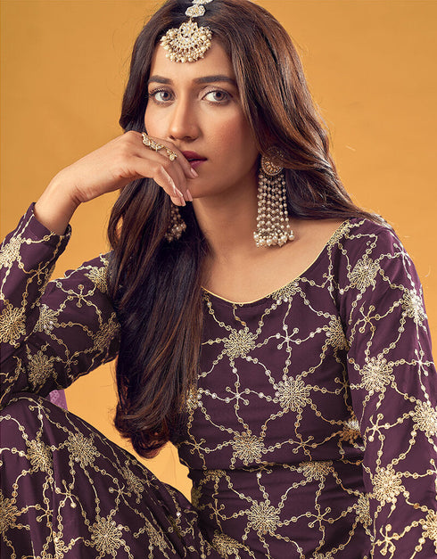 Wine Pure Fox Georgette Palazzo Suit Closure View