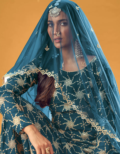 Teal Pure Fox Georgette Palazzo Suit Closure View