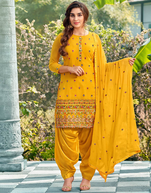 Yellow Heavy Fox Georgette Patiyala Suit