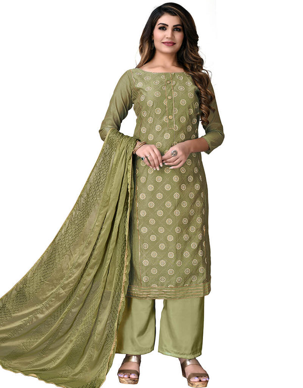 Light Olive Modal Chanderi Palazzo Salwar Suits