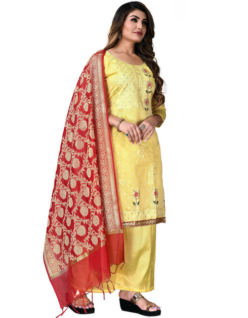 Yellow Modal Chanderi Cotton Palazzo Salwar Suits Closure View