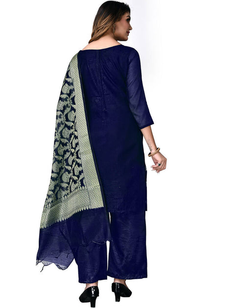Navy Blue Banarasi Jacquard Palazzo Salwar Suits Back View