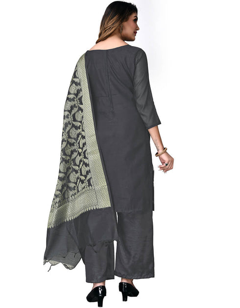 Grey Banarasi Jacquard Palazzo Salwar Suits Back View