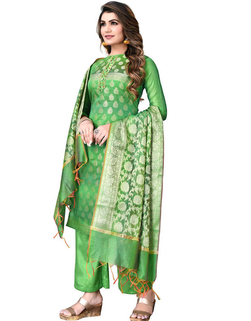 Parrot Green Banarasi Jacquard Palazzo Salwar Suits Closure View