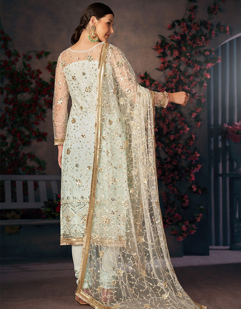 Light Sea Green Mono Net With All Over Cotton Chudidar Salwar Suit Back View