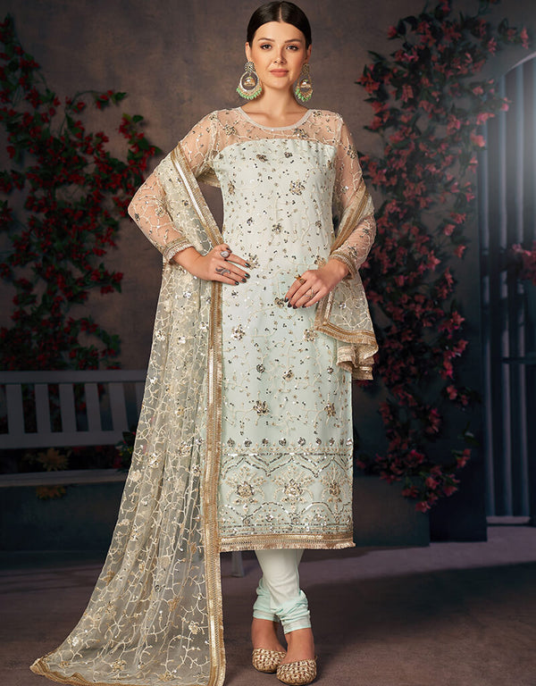 Light Sea Green Mono Net With All Over Cotton Chudidar Salwar Suit