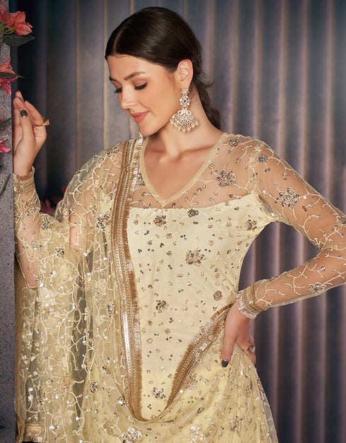 Lemon Yellow Mono Net With All Over Cotton Chudidar Salwar Suit Closure View