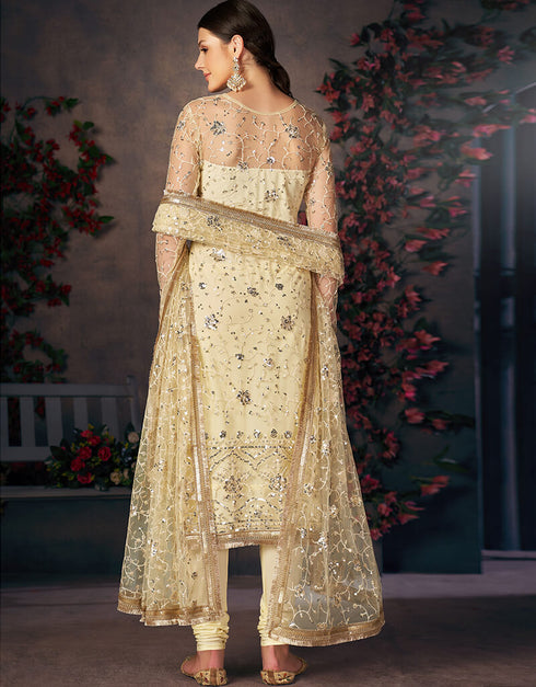 Lemon Yellow Mono Net With All Over Cotton Chudidar Salwar Suit Back View