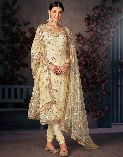 Lemon Yellow Mono Net With All Over Cotton Chudidar Salwar Suit