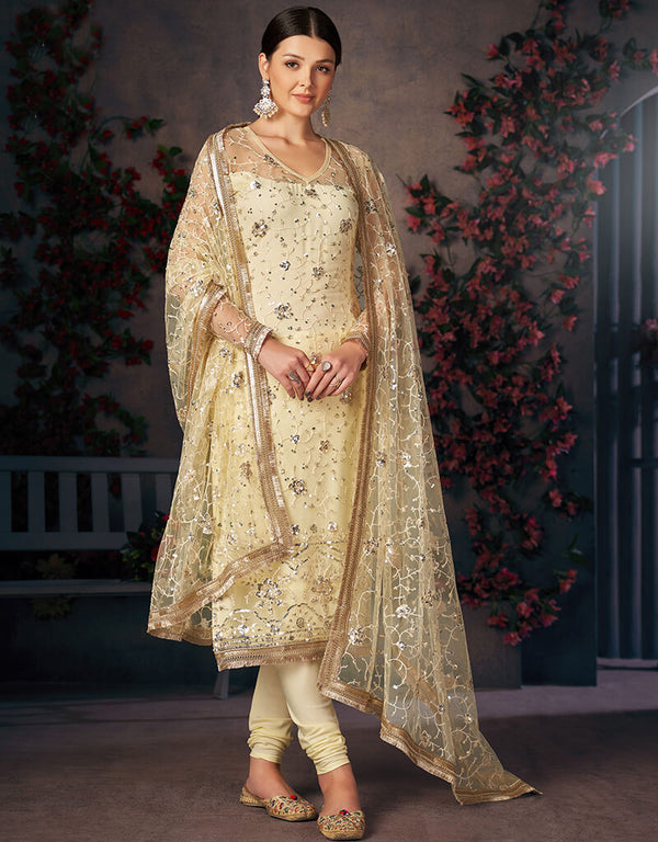 Lemon Yellow Mono Net With All Over Cotton Chudidar Salwar Suit