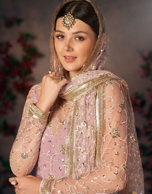 Light Lavender Mono Net With All Over Cotton Chudidar Salwar Suit Closure View