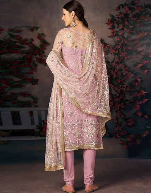 Light Lavender Mono Net With All Over Cotton Chudidar Salwar Suit Back View